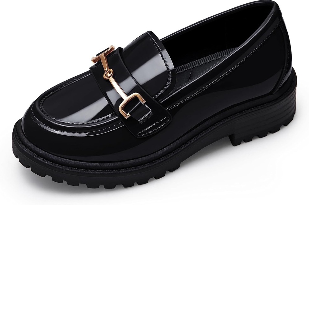 Coutgo Girl's Platform Loafers Slip On Chain Chunky Heel Leather